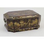 Chinoiserie export red lacquered sewing box, early 19th Century, canted rectangular form with