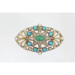 Late Victorian or Edwardian turquoise, diamond and pearl brooch, circa 1900, elliptical form centred