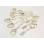 Mixed silver flatware, including five George III fiddle pattern dessert spoons by Eley and Fearn,