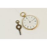 Swiss gold lady's fob watch, white enamelled dial with Roman numerals, keywind movement with eight