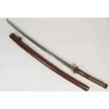 Japanese katana, 76cm blade with inscribed tang, cast brass or bronze tsuba, shagreen hilt, brown