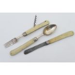 Victorian campaign cutlery set, comprising silver fork (with additional corkscrew) and spoon, London