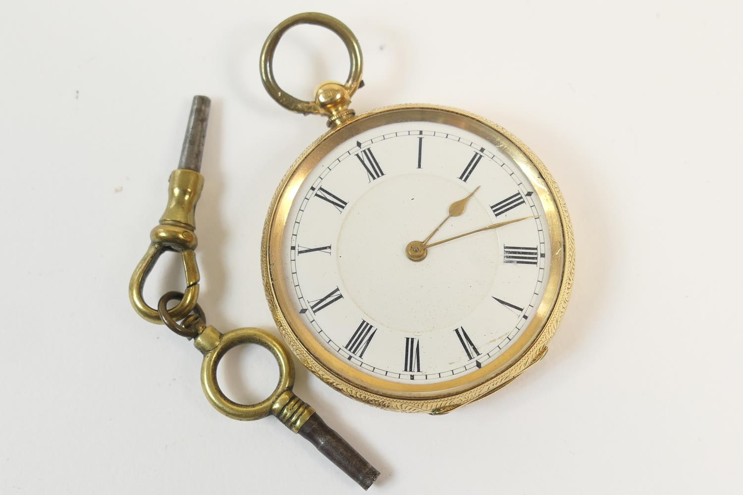 Late Victorian 18ct gold lady's fob watch, white enamelled dial with Roman numerals, the case chased