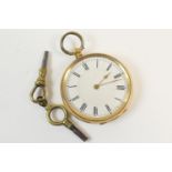 Late Victorian 18ct gold lady's fob watch, white enamelled dial with Roman numerals, the case chased