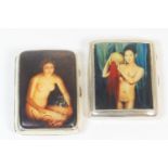 Two silver erotica cigarette cases, one of curved form with applied decoration of a nude seated by a