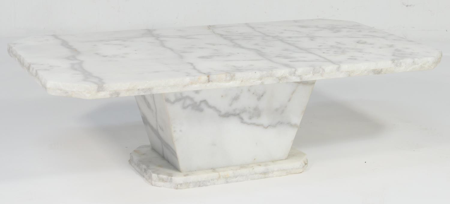 Solid white marble coffee table, the roughly hewn canted rectangular top over a tapered plinth - Image 2 of 5