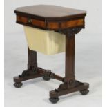 George IV rosewood and mahogany sewing table, the rectangular top with canted corners over a