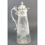 Victorian engraved glass claret jug, with electroplated mounted, tapered cylinder form with hinged