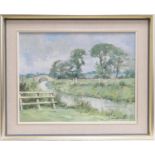 George Thompson (1934-2019), The Roman Bridge, River Gowy, signed oil on canvas board, 35cm x