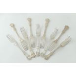 Nine Victorian Queens pattern table forks, by Lias & Lias, London 1857/61, all engraved with the