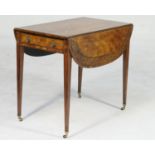 George III satinwood and amboyna Pembroke table, circa 1780, the top with two fall demi-lune leaves,
