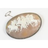 Italian carved cameo brooch, finely carved with angels taming a herd of wild horses, mounted in