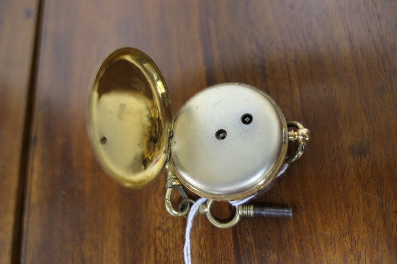 Late Victorian 18ct gold lady's fob watch, white enamelled dial with Roman numerals, the case chased - Image 3 of 4