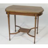 Edwardian mahogany and inlaid window table, shaped rectangular top with inlaid tramlines and central