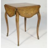 French walnut and marquetry square drop leaf table, the top profusely inlaid with a floral bouquet