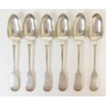Six Victorian silver fiddle pattern table spoons, by William Rawlins Sobey, Exeter 1850, weight
