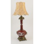 Unusual French brass mounted porcelain table lamp, decorated with cherubs idling at hockey,