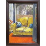 J Coleman (Contemporary), Yellow sofa, oil on board, signed, 48cm x 38cm (Viewing is by