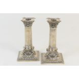 Pair of Victorian silver dwarf candlesticks, by Martin Hall & Co., London 1889, Corinthian column