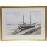 G Douglas Hyslop (Contemporary), Boats moored at low tide, watercolour, signed, 35cm x 52cm (Viewing