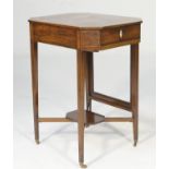Sheraton Revival mahogany and satinwood sewing table, canted rectangular form with a pull up
