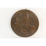 Arts & Crafts period embossed copper plaque, featuring St Michael, 28.5cm diameter (Viewing is by