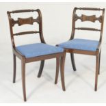 Pair of mahogany double rope back side chairs, with blue fabric pad seats, sabre forelegs (Viewing