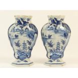 Pair of Dutch delft blue and white vases, 18th or 19th Century, of inverted hexagonal baluster