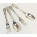 Two George IV silver Queens pattern table forks, and two matching table spoons, by William
