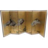 Oriental six fold screen, late 20th Century, hand decorated on one side with Chinese cranes,