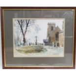 George Thompson (1934-2019), Village church, Winter, watercolour, signed, 26cm x 35cm (Viewing is by