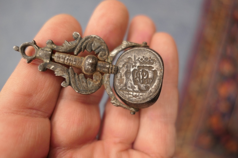 Wrought metal swivelling seal fob, late 17th or early 18th Century, having three seals fixed by a - Image 5 of 6