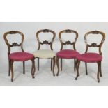 Set of four Victorian walnut balloon back dining chairs, circa 1860-80, each having a carved