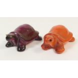 Bernard Moore flambe miniature tortoise, with original eyes, 5cm; also a peach glazed tortoise (eyes