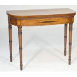 Late George III fiddle back mahogany folding card table, circa 1820, D-shaped top crossbanded with