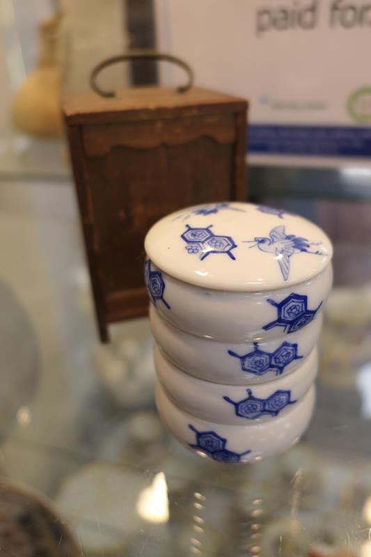 Japanese blue and white porcelain stacking dishes, early 20th Century, decorated with flying - Image 2 of 6