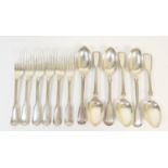 Victorian silver fiddle and thread pattern dessert forks and spoons, comprising: four spoons and two