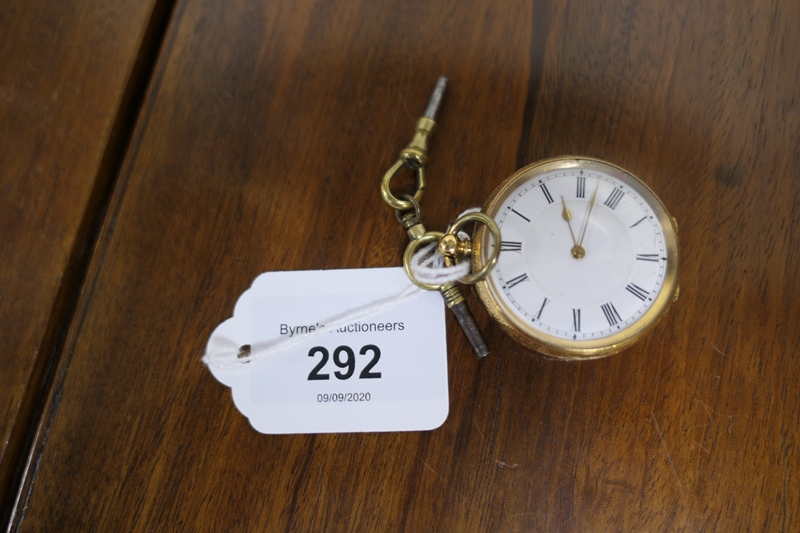 Late Victorian 18ct gold lady's fob watch, white enamelled dial with Roman numerals, the case chased - Image 2 of 4