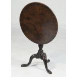 George III mahogany tripod table, single piece circular top tilting over a wrythen moulded column,