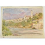 Walter Frederick Roofe Tyndale (1855-1943), North Italian town overlooking a river, watercolour,
