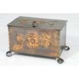 Arts and Crafts period copper coal scuttle, circa 1900, rectangular form worked with sunflowers,
