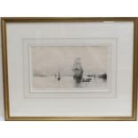 Harold Wyllie (1880-1973), Tall ship pulling into port, signed drypoint etching, 18cm x 32cm (