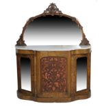 Victorian burr walnut mirror back credenza, the back with caved foliate bordered arched mirror, over