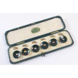 Set of six bloodstone shirt studs, complete with clips, in a Lowe & Sons, Chester, case (Viewing