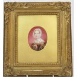 French School (late 19th Century), Portrait miniature of a lady in a white lace bonnet, oval, 7.