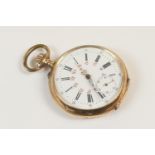 Edwardian Swiss 14ct gold case pocket watch, open face with white enamelled dial with Roman