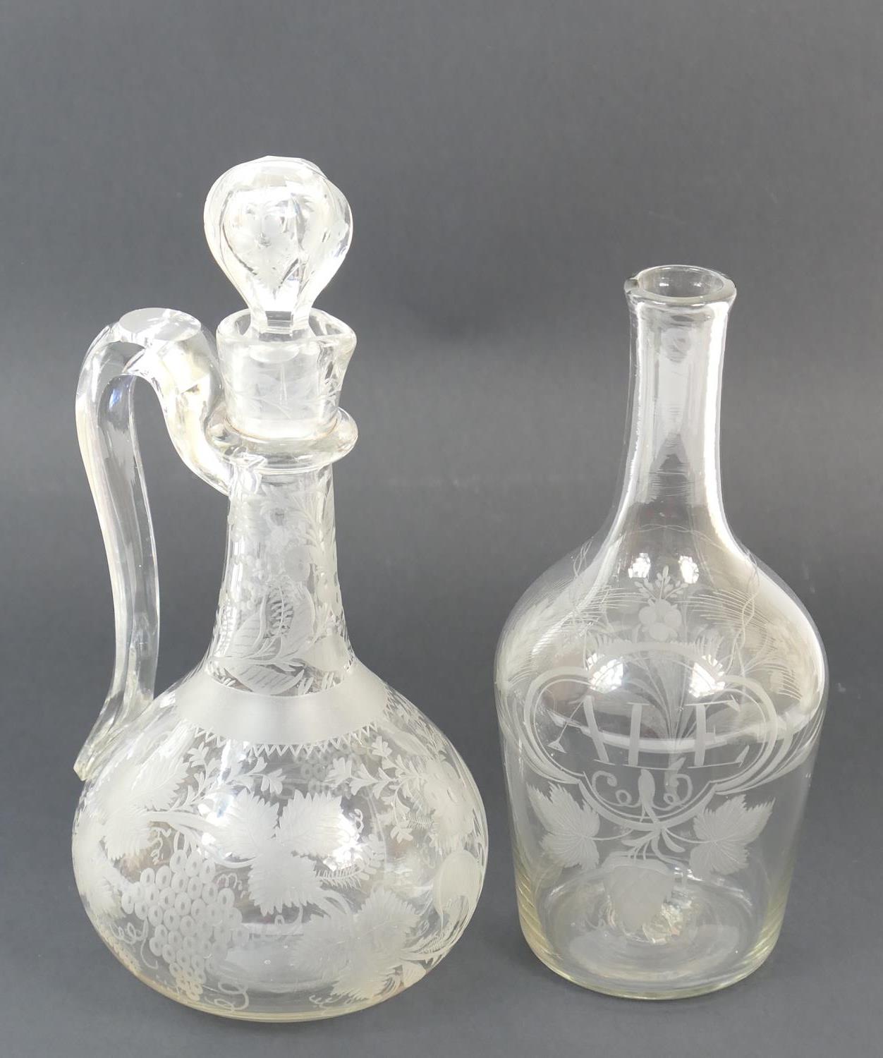 Victorian engraved glass claret jug, baluster form with faceted stopper, height 29cm; also an