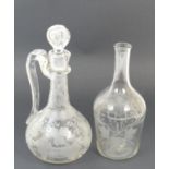 Victorian engraved glass claret jug, baluster form with faceted stopper, height 29cm; also an