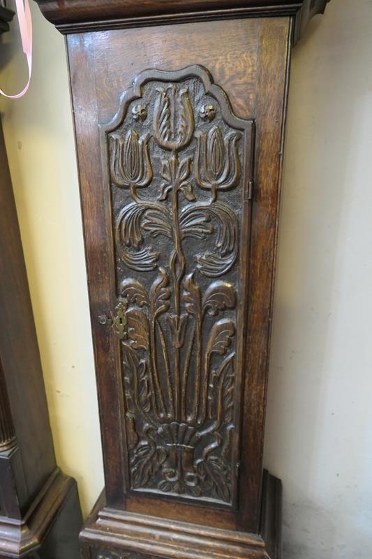 Andrew Knowles (Bolton, circa 1725-40), clockmaker, eight day carved oak longcase clock, the hood - Image 5 of 9