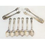 Set of six silver coffee spoons, and matching crow's foot sugar tongs, Birmingham 1914/16; also a